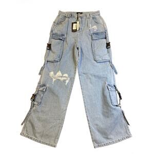 NWT PrettyLittleThing Shape Light Blue Wash Pocket Wide Leg Cargo Jeans Size 8